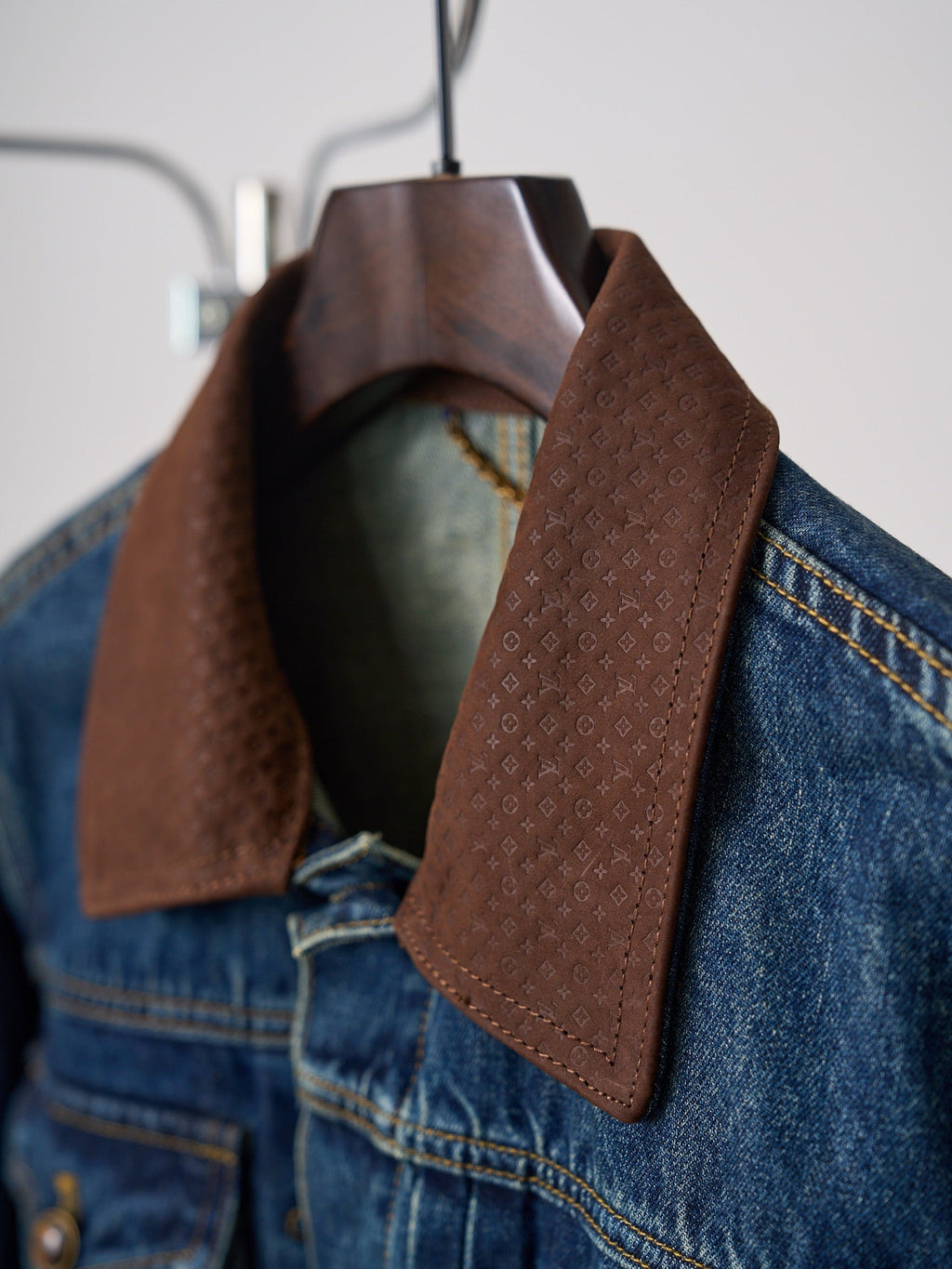 LV Embossed Leather Collar Denim Jacket