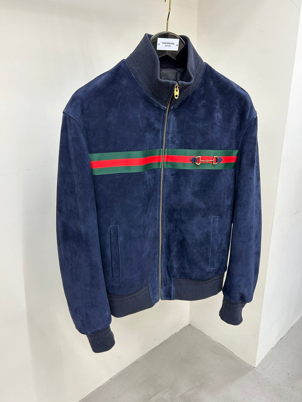 GG suede zip up stand-collar leather jacket