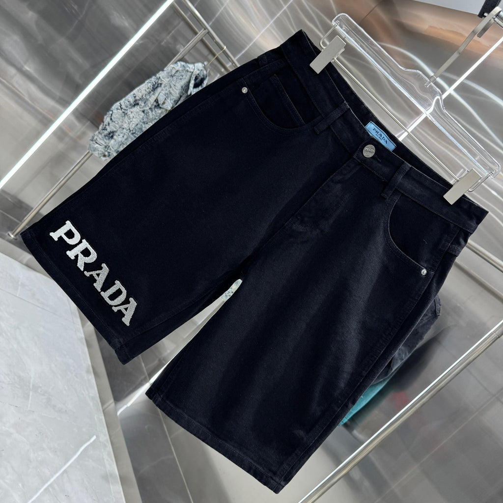 Prada Letter Flocked Denim Shorts