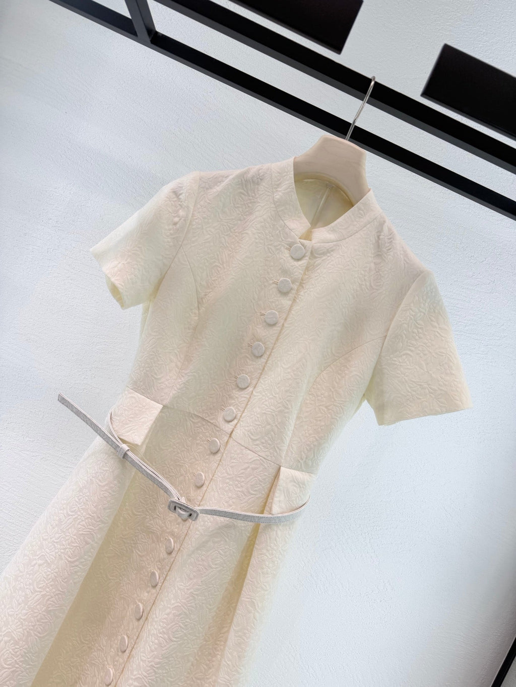 Women CD Embossed Jacquard Stand Collar Long Dress