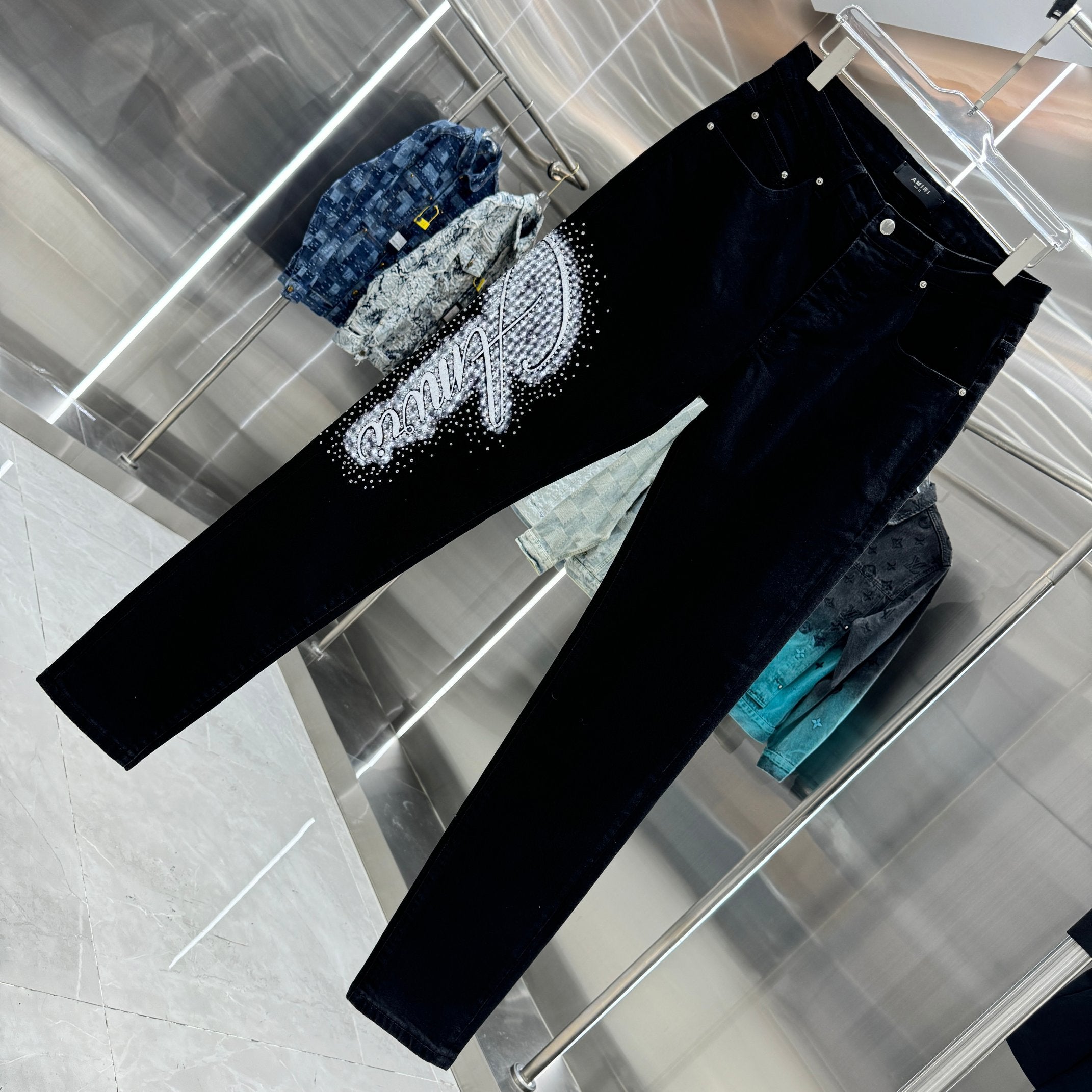 Amiri Slim Fit Stretch Jeans with Rhinestone Lettering
