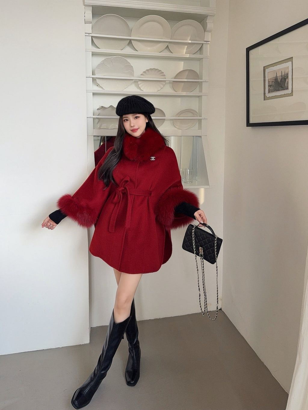 Chanel Double-Face Wool Coat w/ Fox Fur Trim