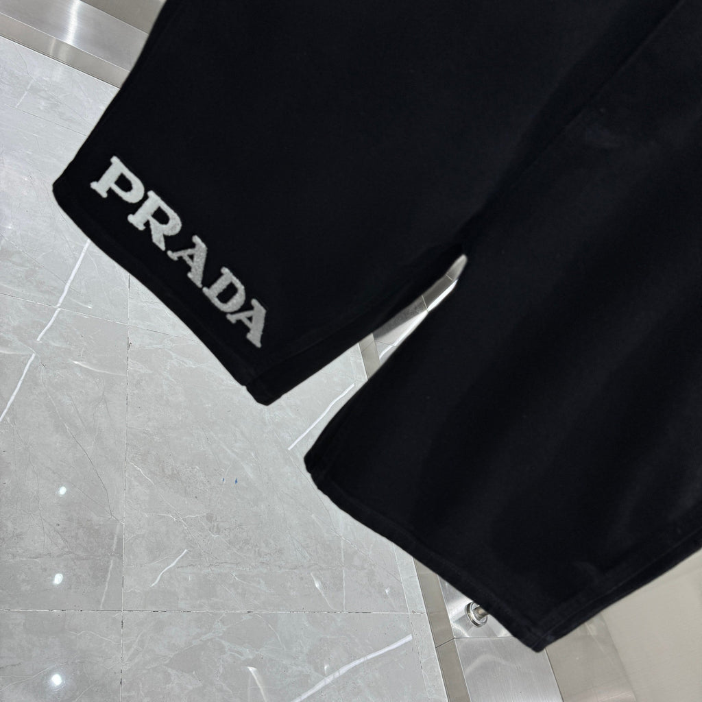 Prada Letter Flocked Denim Shorts