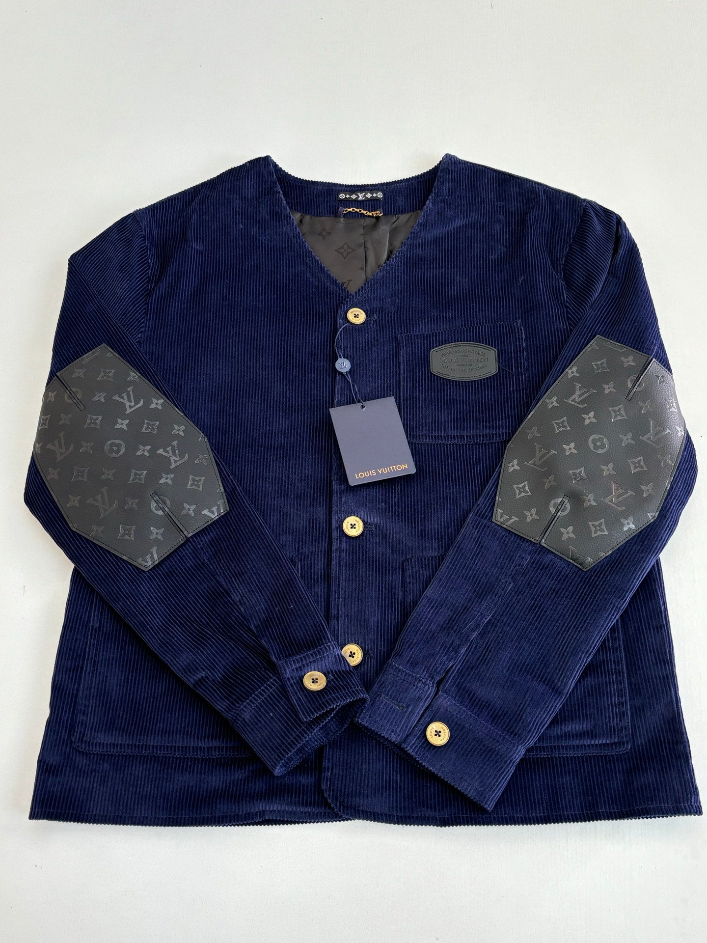 LV-neck corduroy monogram patchwork jacket