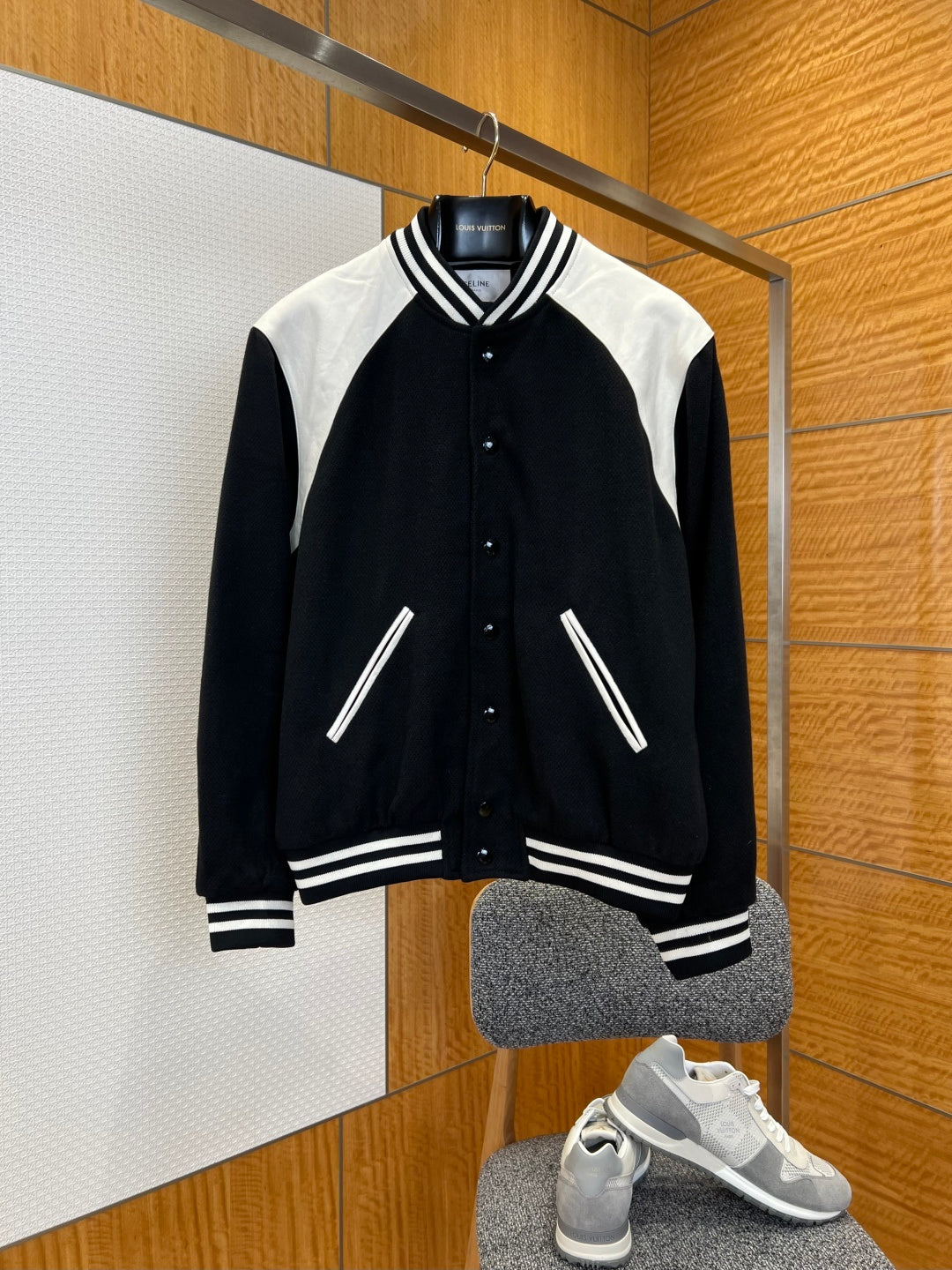 CELINE Patchwork Leather Baseball Collar Jacket