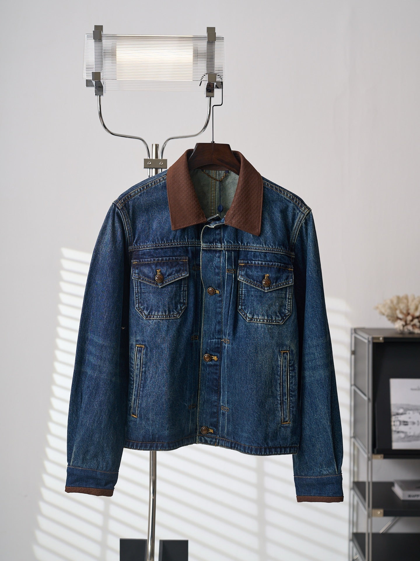 LV Embossed Leather Collar Denim Jacket