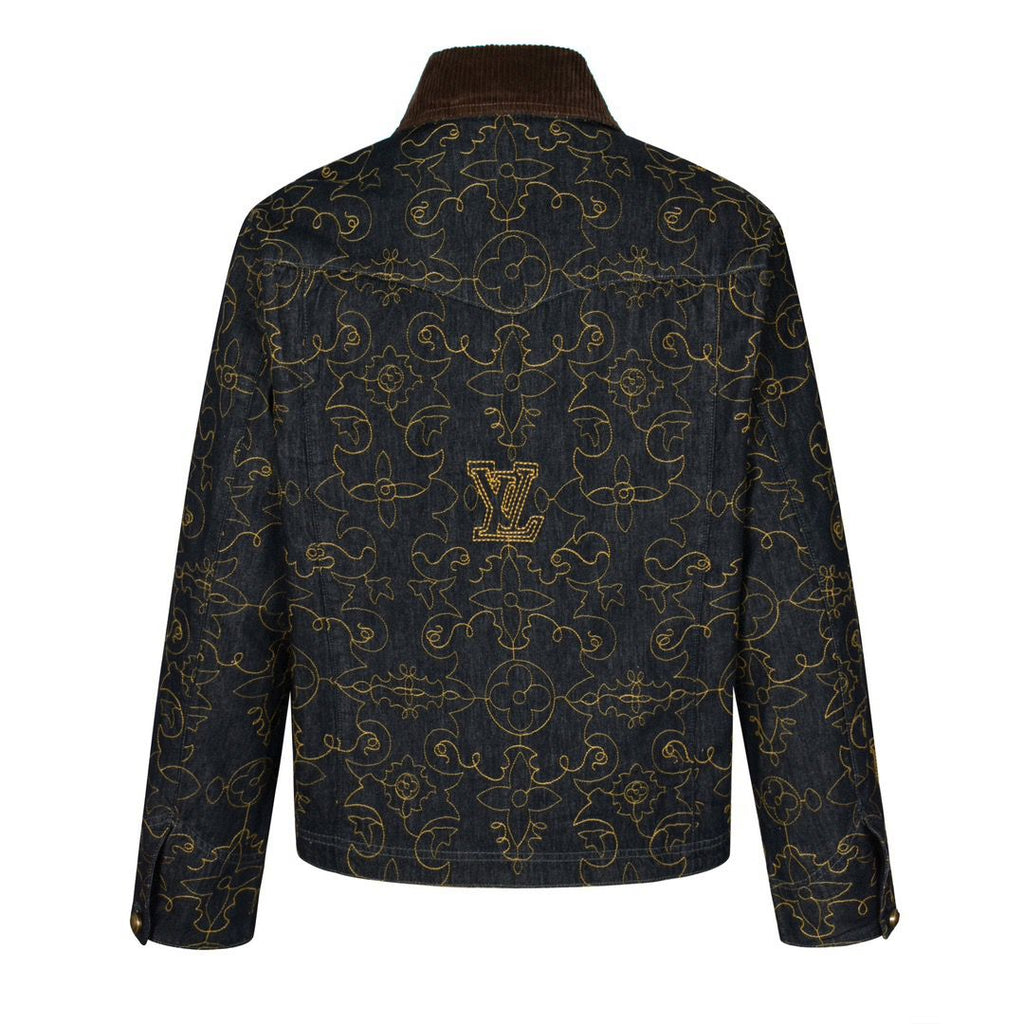 LOUIS VUITTON Black and Gold Embroidered Collar Denim Jacket