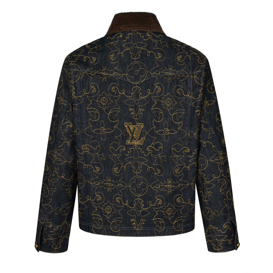 LOUIS VUITTON Black and Gold Embroidered Collar Denim Jacket