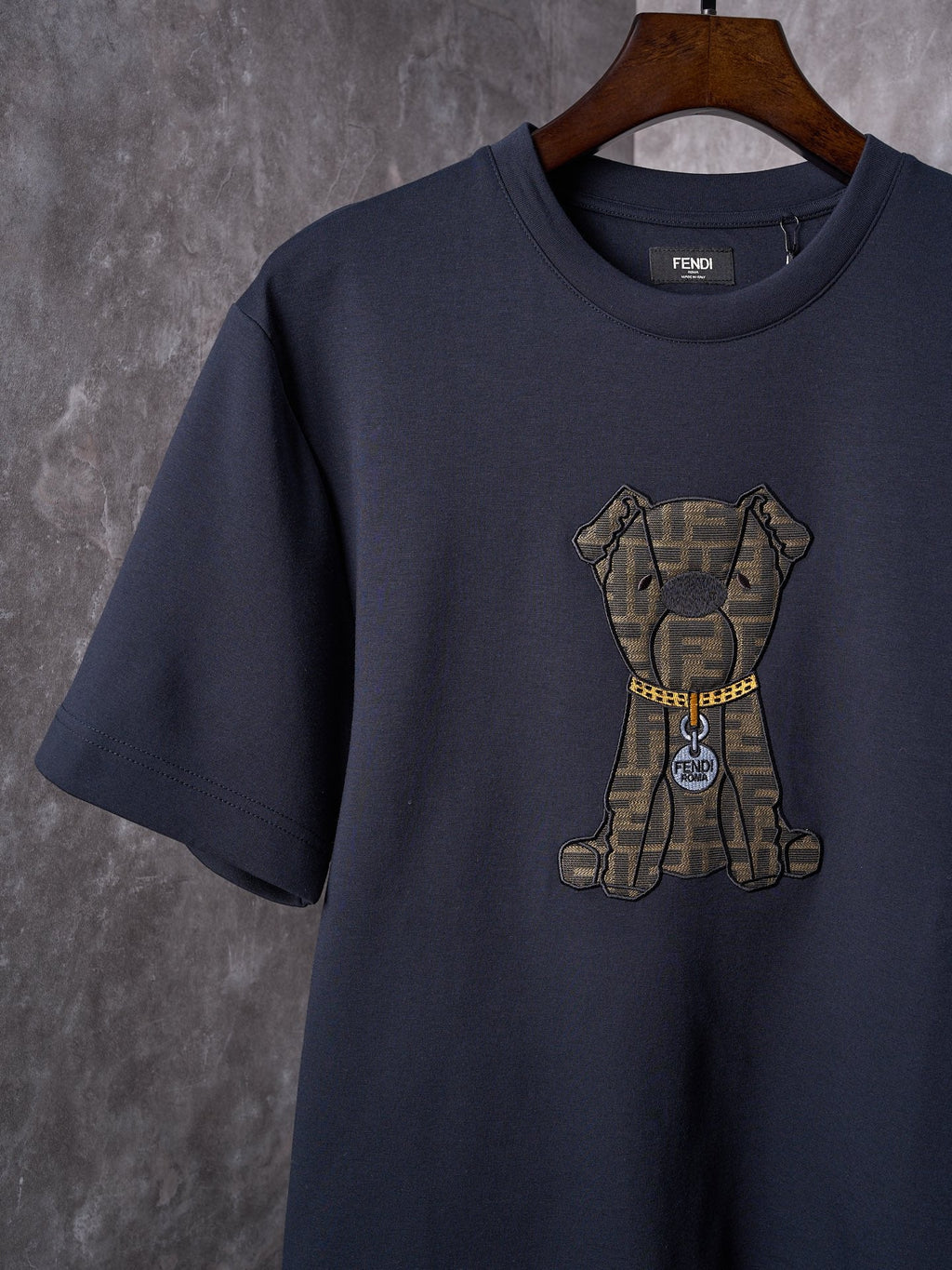 Fendi Jacquard Puppy Pattern Cotton Crew Neck Short Sleeve T-Shirt
