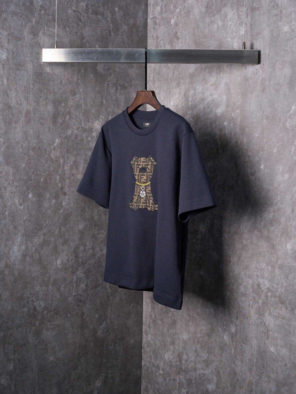 Fendi Jacquard Puppy Pattern Cotton Crew Neck Short Sleeve T-Shirt