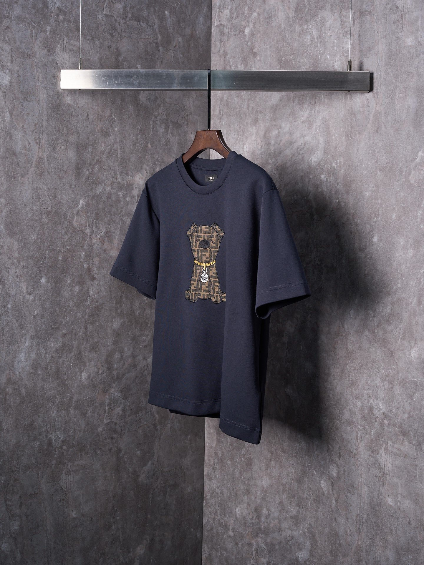Fendi Jacquard Puppy Pattern Cotton Crew Neck Short Sleeve T-Shirt