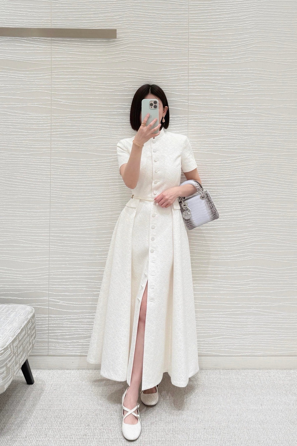 Women CD Embossed Jacquard Stand Collar Long Dress