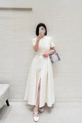 Women CD Embossed Jacquard Stand Collar Long Dress