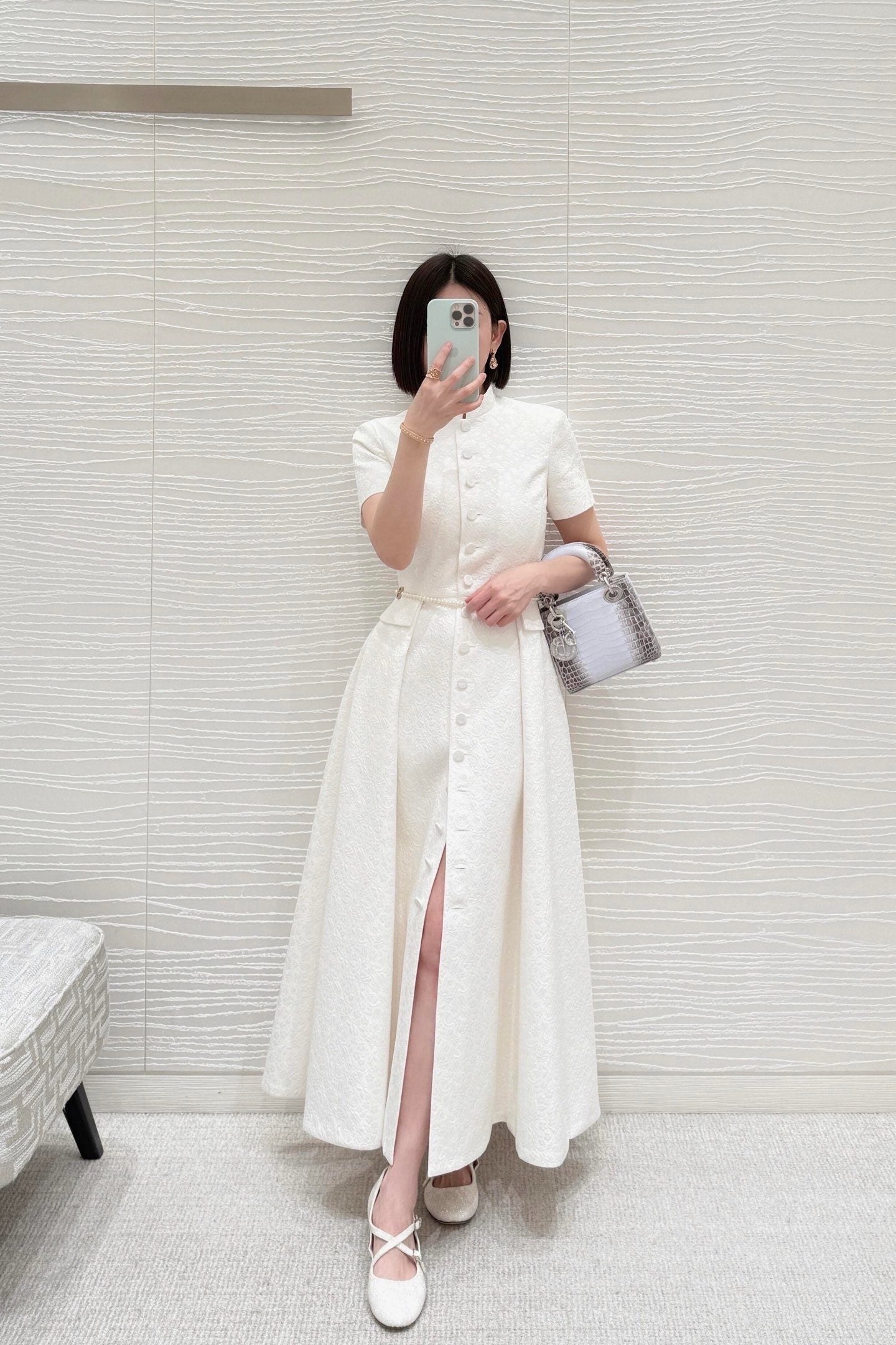 Women CD Embossed Jacquard Stand Collar Long Dress