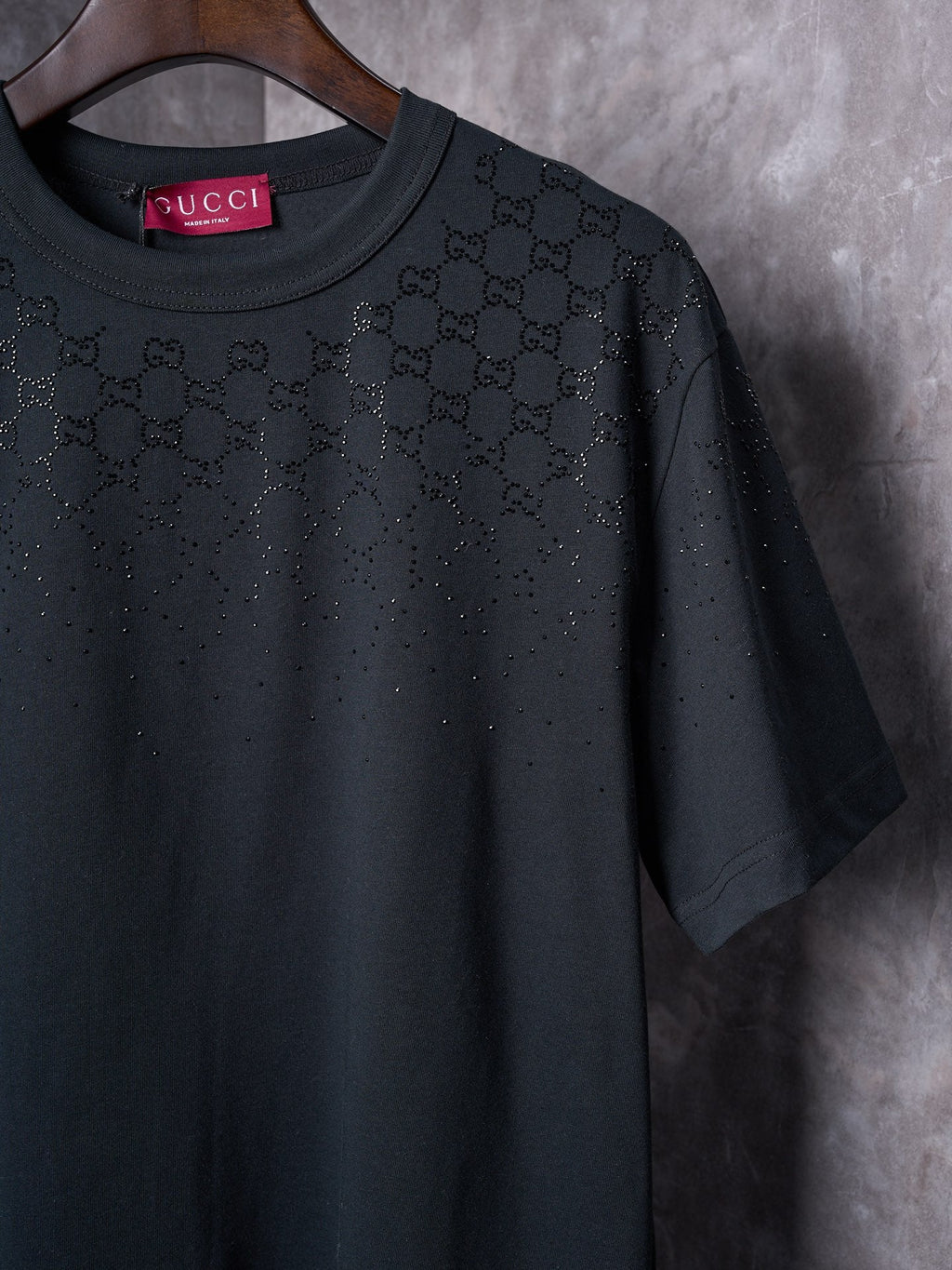 GUCCI Gradient GG Crystal Rhinestone Knitted Cotton Crew Neck Short Sleeve T-Shirt