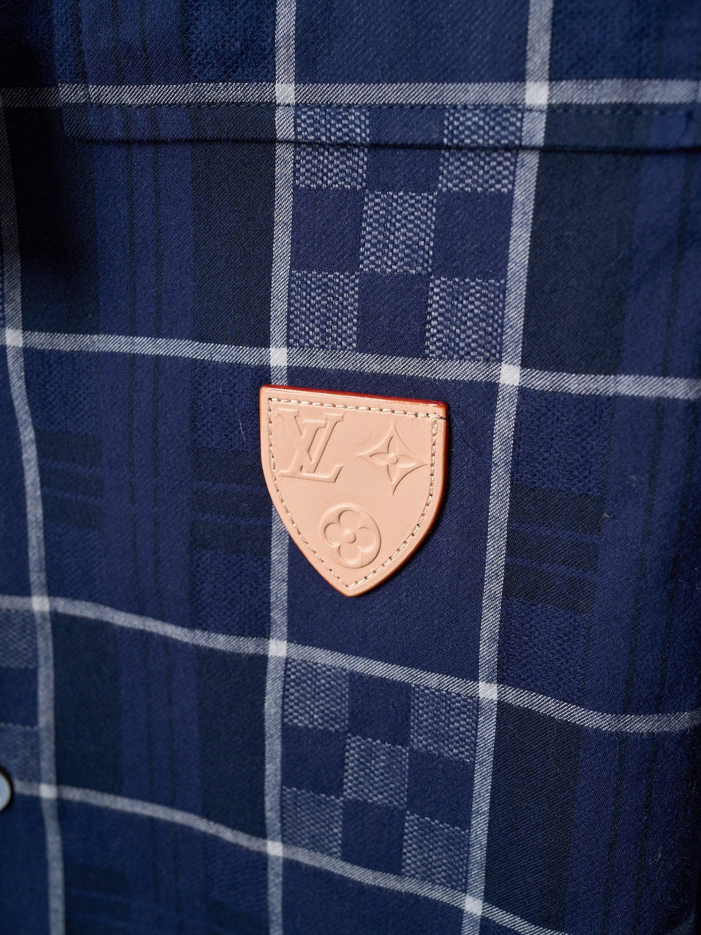 LV Flannel Collar Embroidered Logo Blue Check Lapel Long Sleeve Shirt