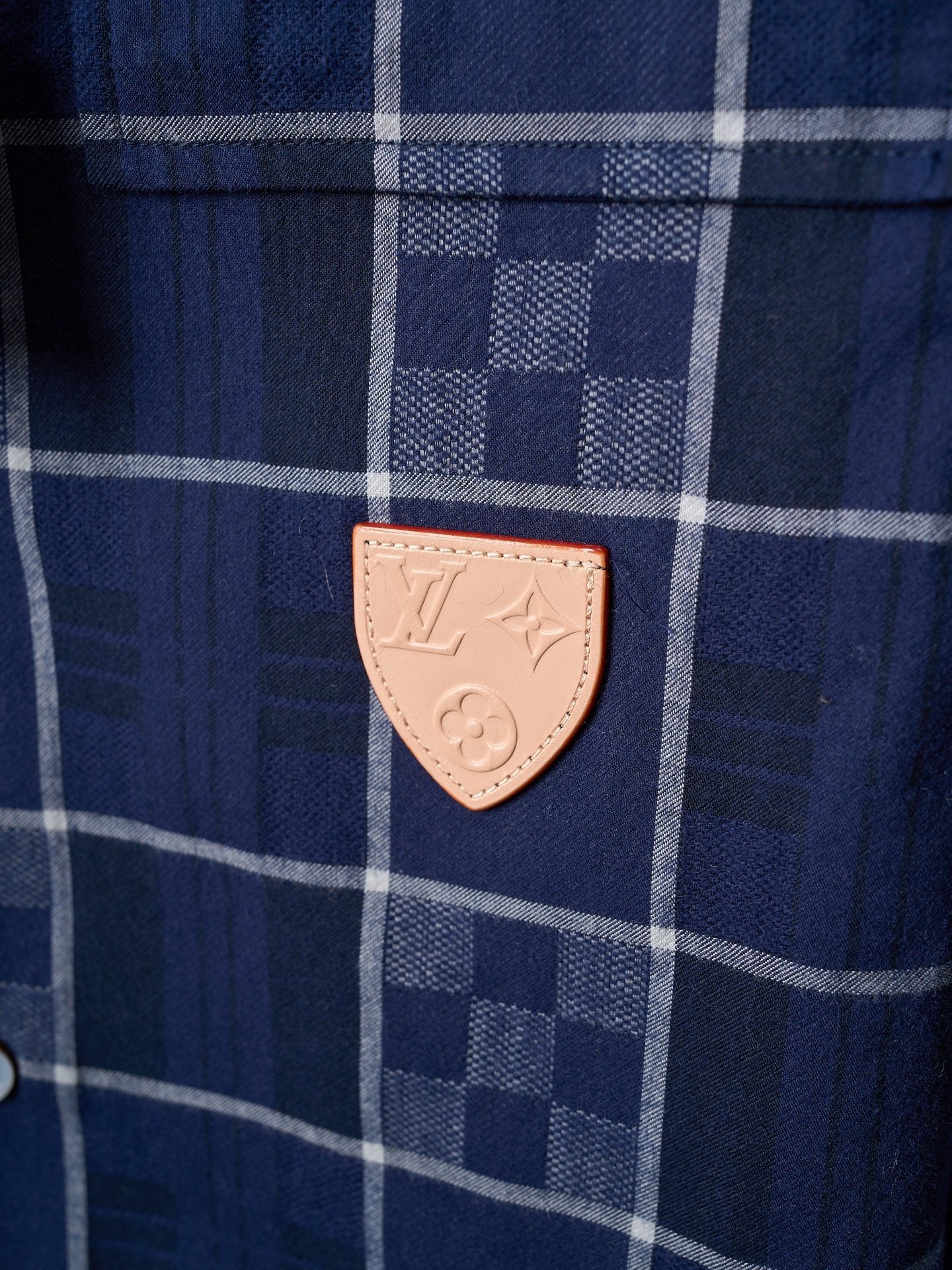 LV Flannel Collar Embroidered Logo Blue Check Lapel Long Sleeve Shirt