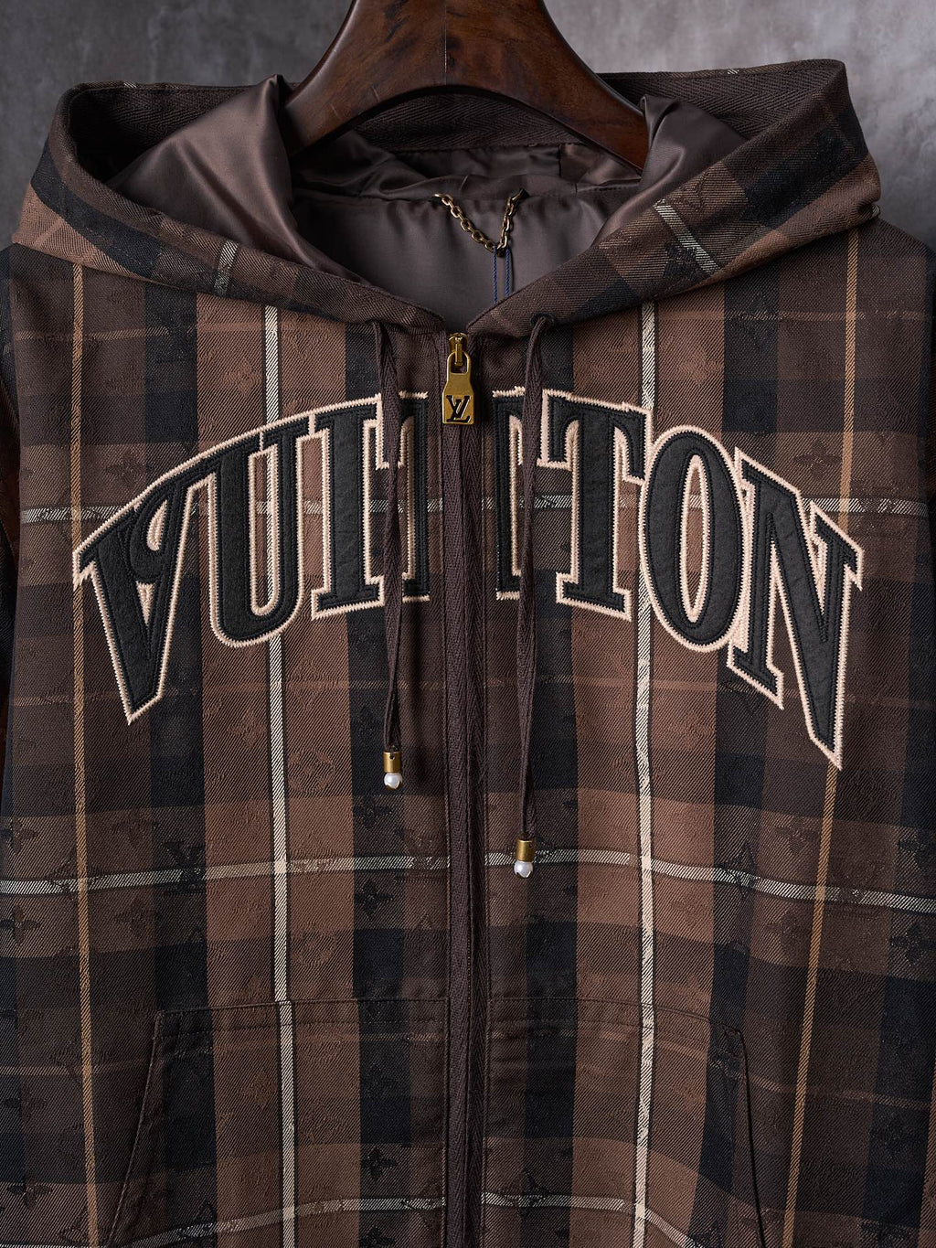 LV Jacquard Letter Applique Belted Hooded Jacket