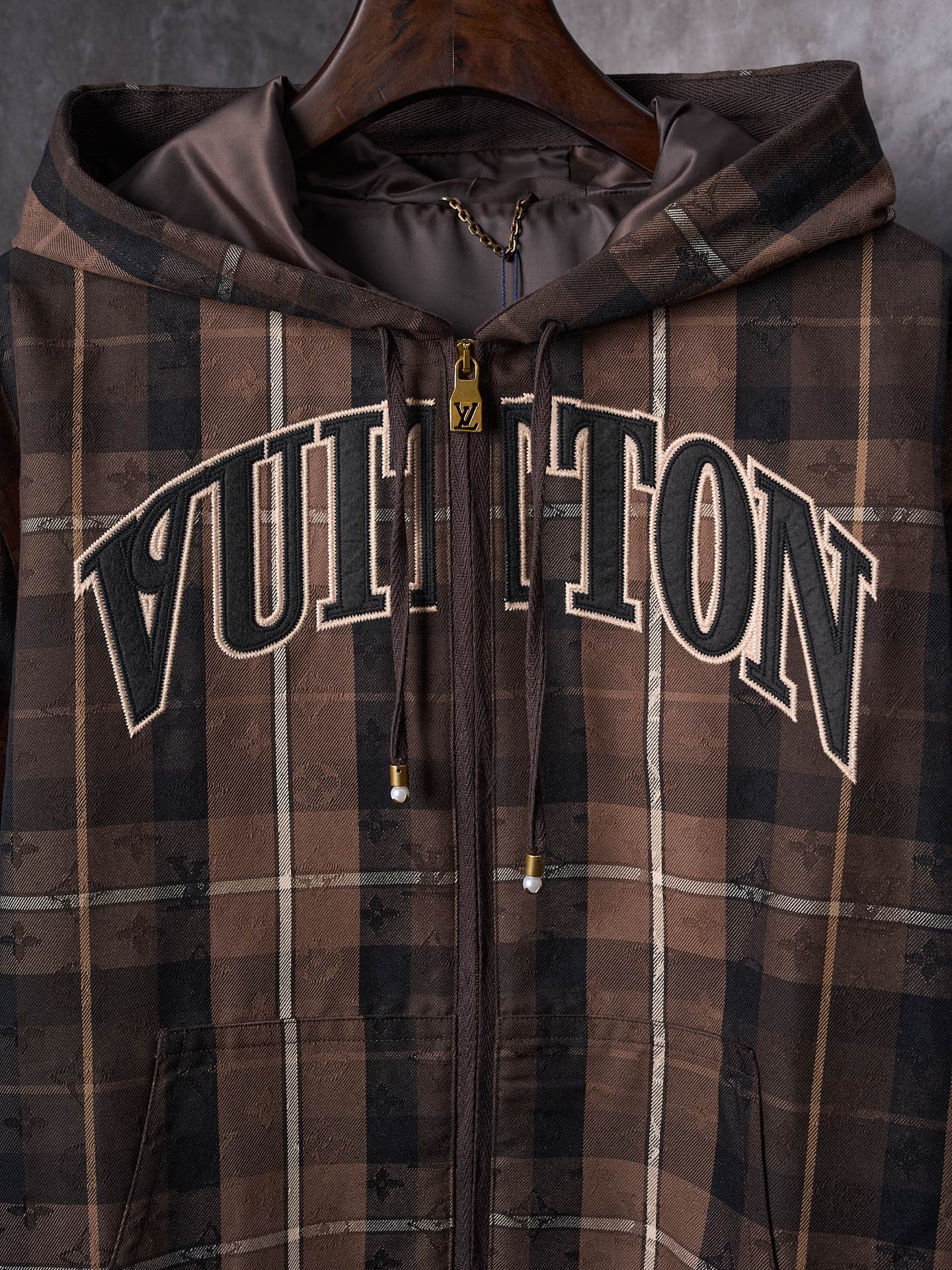 LV Jacquard Letter Applique Belted Hooded Jacket