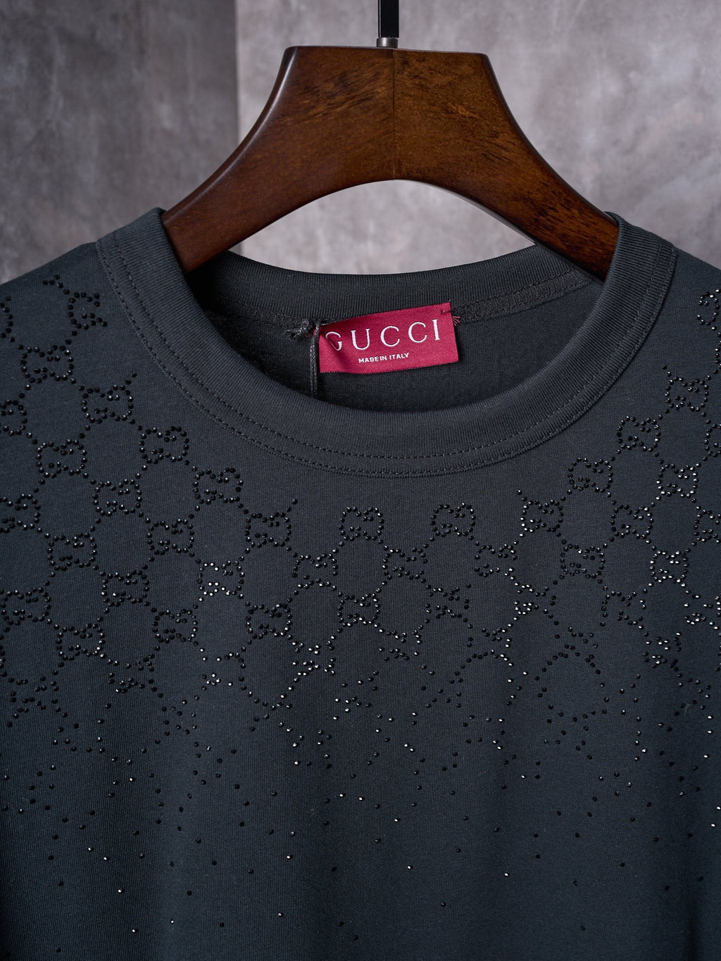 GUCCI Gradient GG Crystal Rhinestone Knitted Cotton Crew Neck Short Sleeve T-Shirt