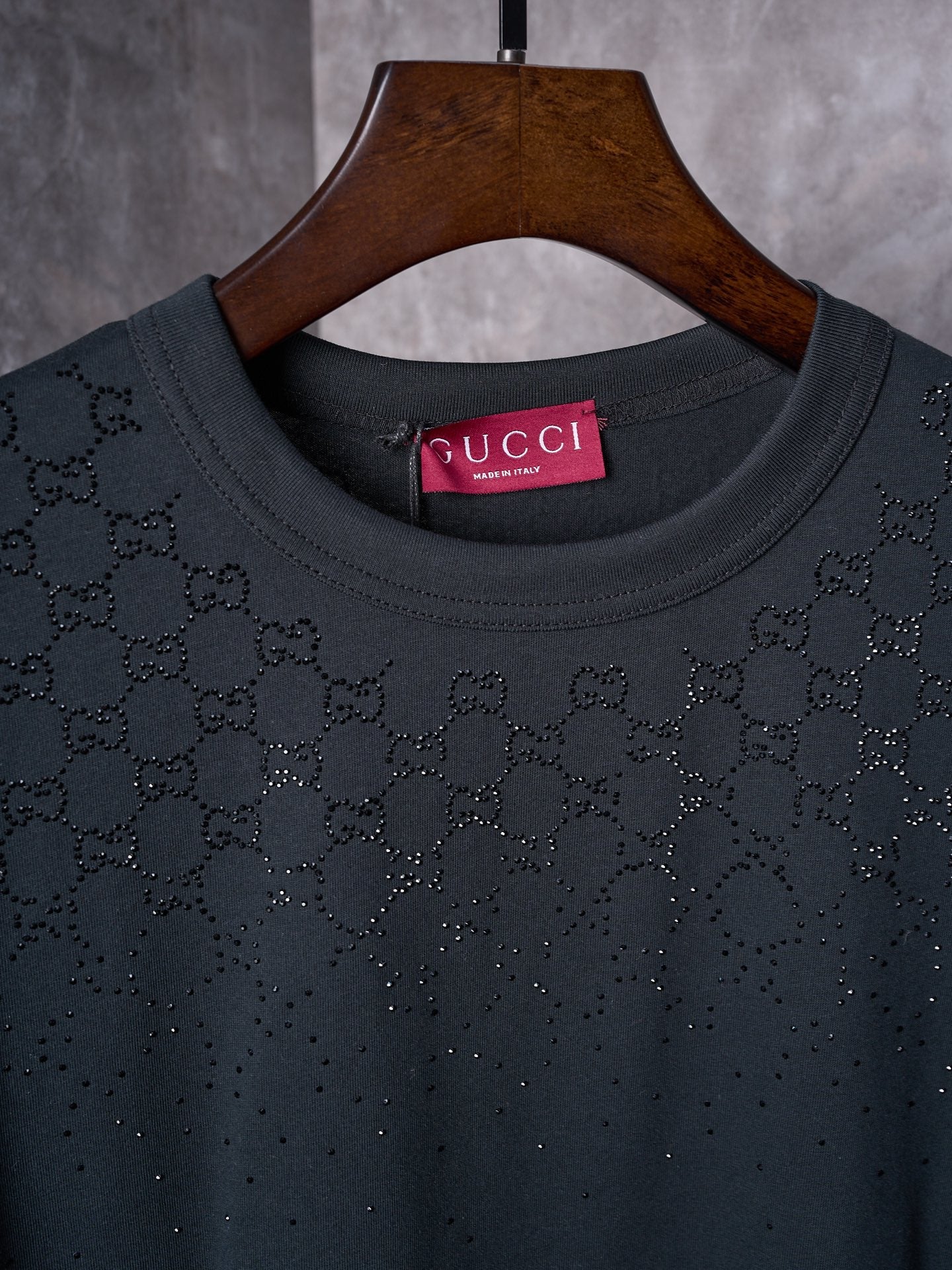 GUCCI Gradient GG Crystal Rhinestone Knitted Cotton Crew Neck Short Sleeve T-Shirt