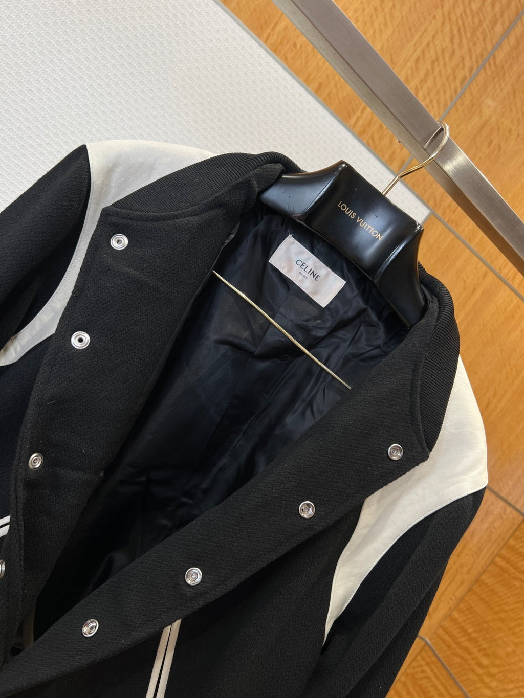 CELINE Patchwork Leather Baseball Collar Jacket