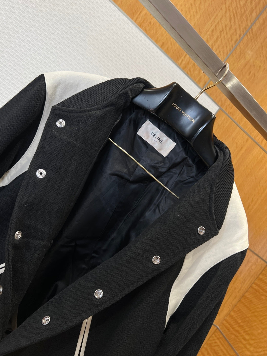 CELINE Patchwork Leather Baseball Collar Jacket