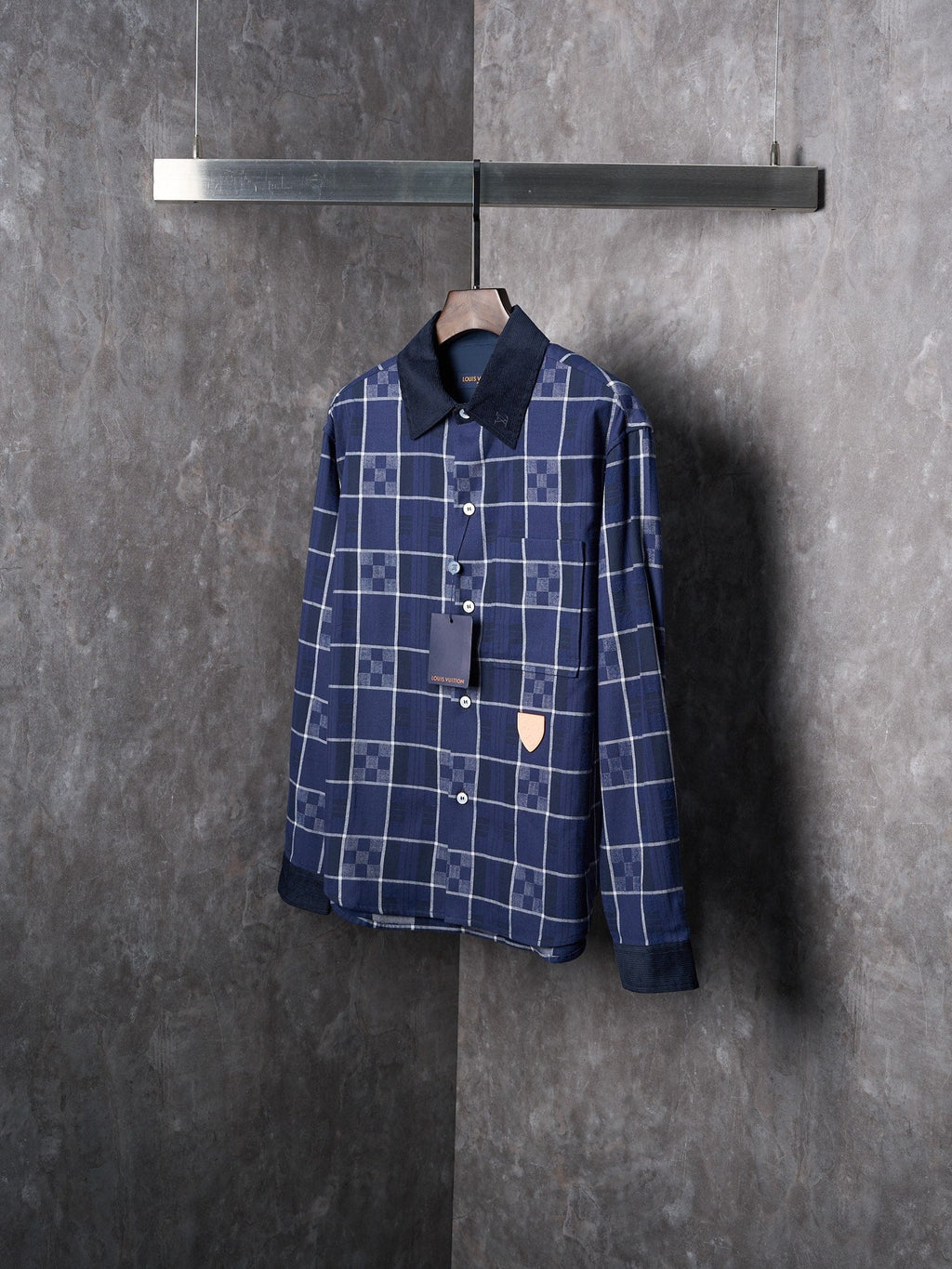LV Flannel Collar Embroidered Logo Blue Check Lapel Long Sleeve Shirt
