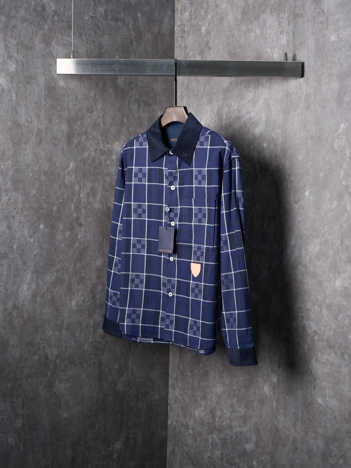 LV Flannel Collar Embroidered Logo Blue Check Lapel Long Sleeve Shirt