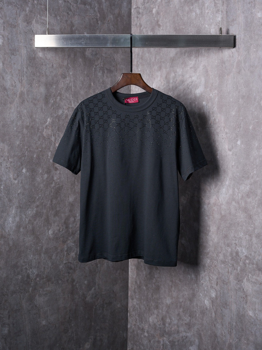 GUCCI Gradient GG Crystal Rhinestone Knitted Cotton Crew Neck Short Sleeve T-Shirt