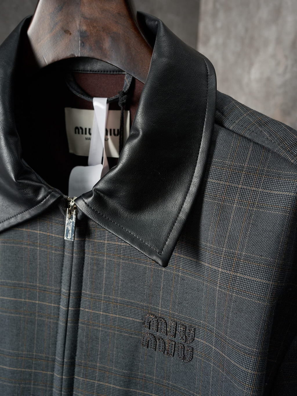 MiuMiu Checkered Letter Embroidery Long-Sleeved Leather Collar Jacket