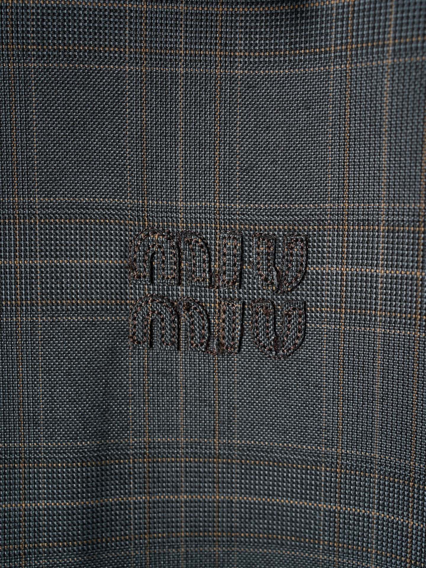 MiuMiu Checkered Letter Embroidery Long-Sleeved Leather Collar Jacket