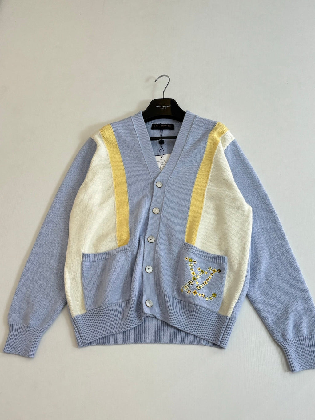 LV Embroidered Color Block V-Neck Knit Cardigan