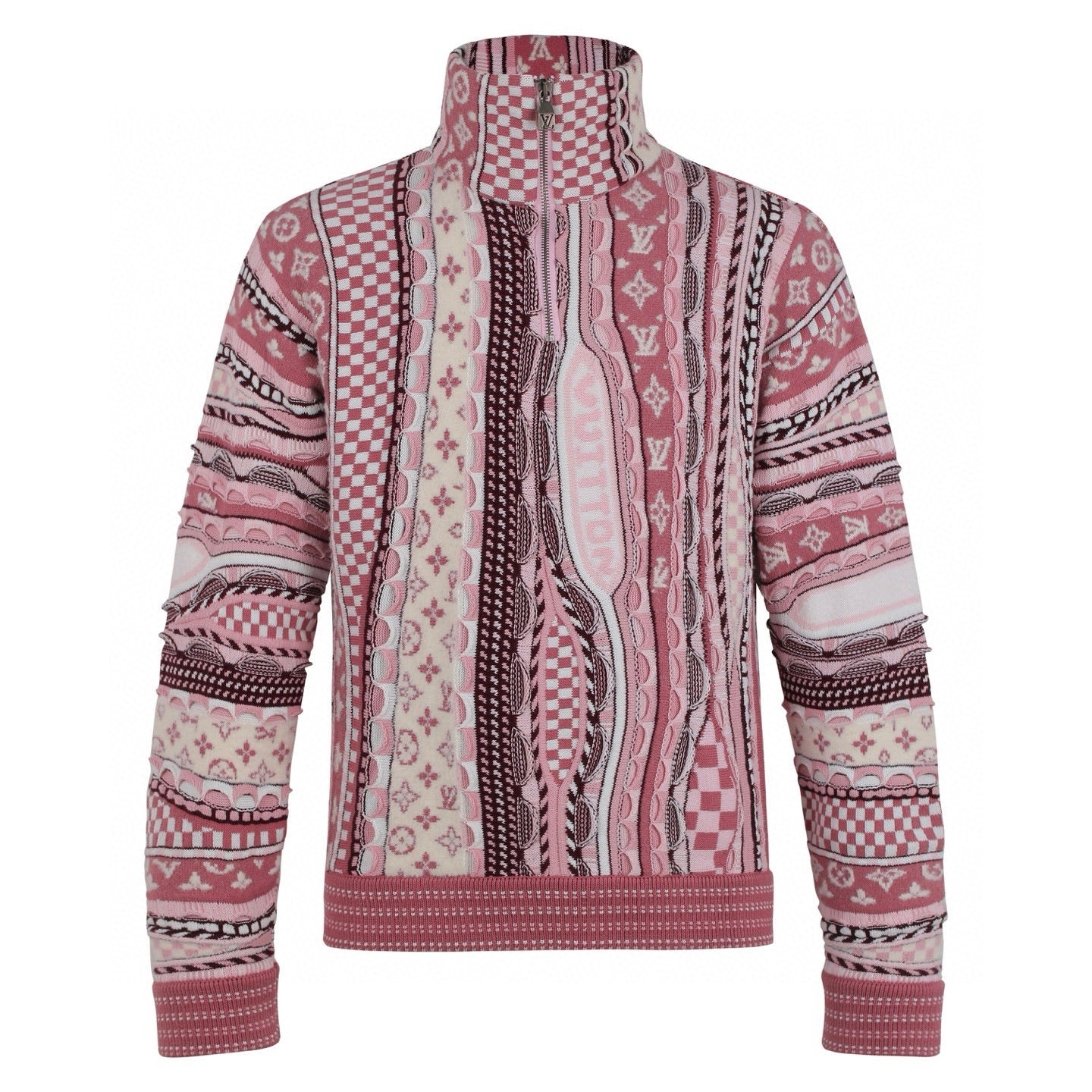 LV Nigo High-Neck Half-Zip Ethnic Style Sweater (Pink)