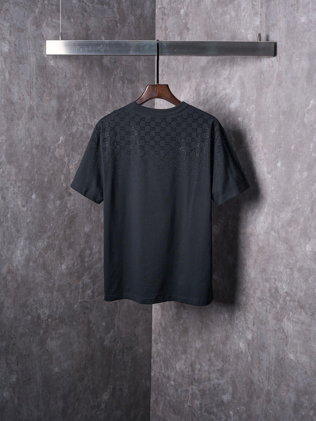 GUCCI Gradient GG Crystal Rhinestone Knitted Cotton Crew Neck Short Sleeve T-Shirt