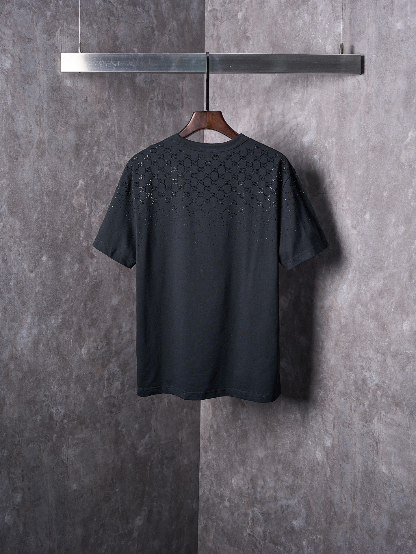 GUCCI Gradient GG Crystal Rhinestone Knitted Cotton Crew Neck Short Sleeve T-Shirt
