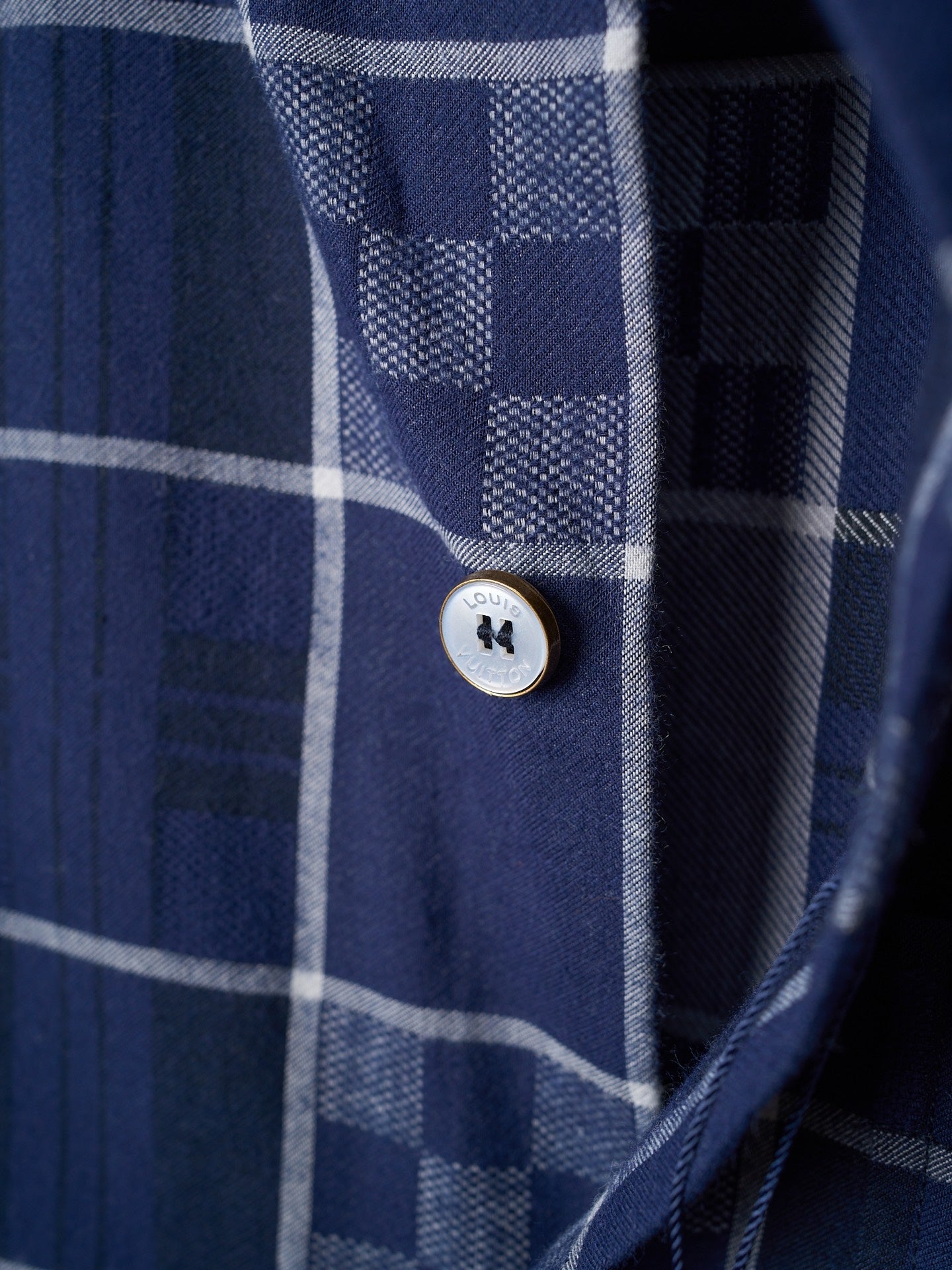 LV Flannel Collar Embroidered Logo Blue Check Lapel Long Sleeve Shirt