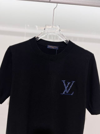 LV Embroidered Crew Neck Knit T-Shirt