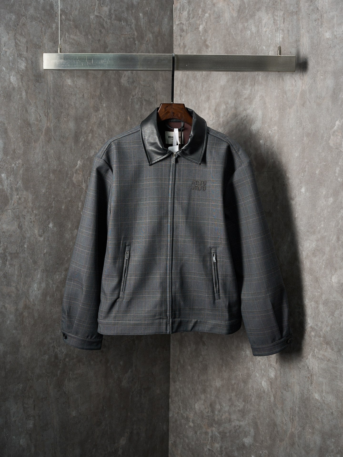 MiuMiu Checkered Letter Embroidery Long-Sleeved Leather Collar Jacket