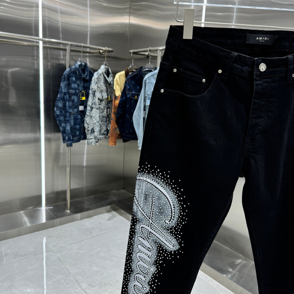 Amiri Slim Fit Stretch Jeans with Rhinestone Lettering