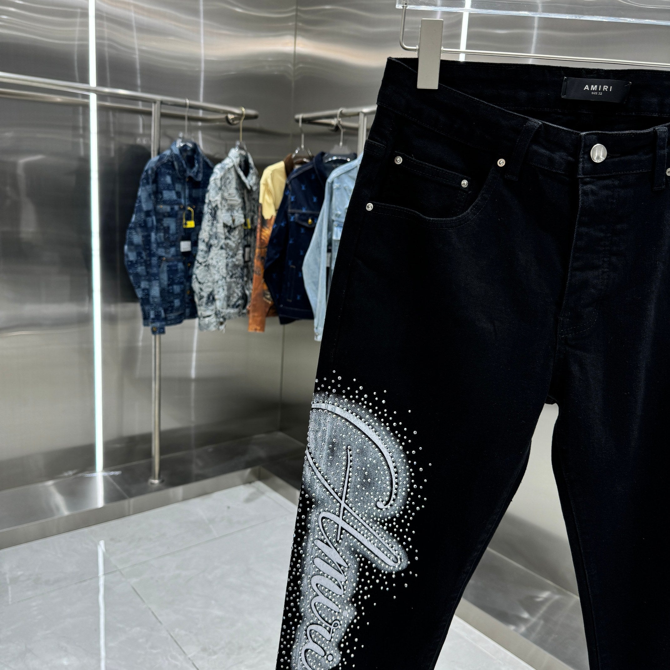 Amiri Slim Fit Stretch Jeans with Rhinestone Lettering