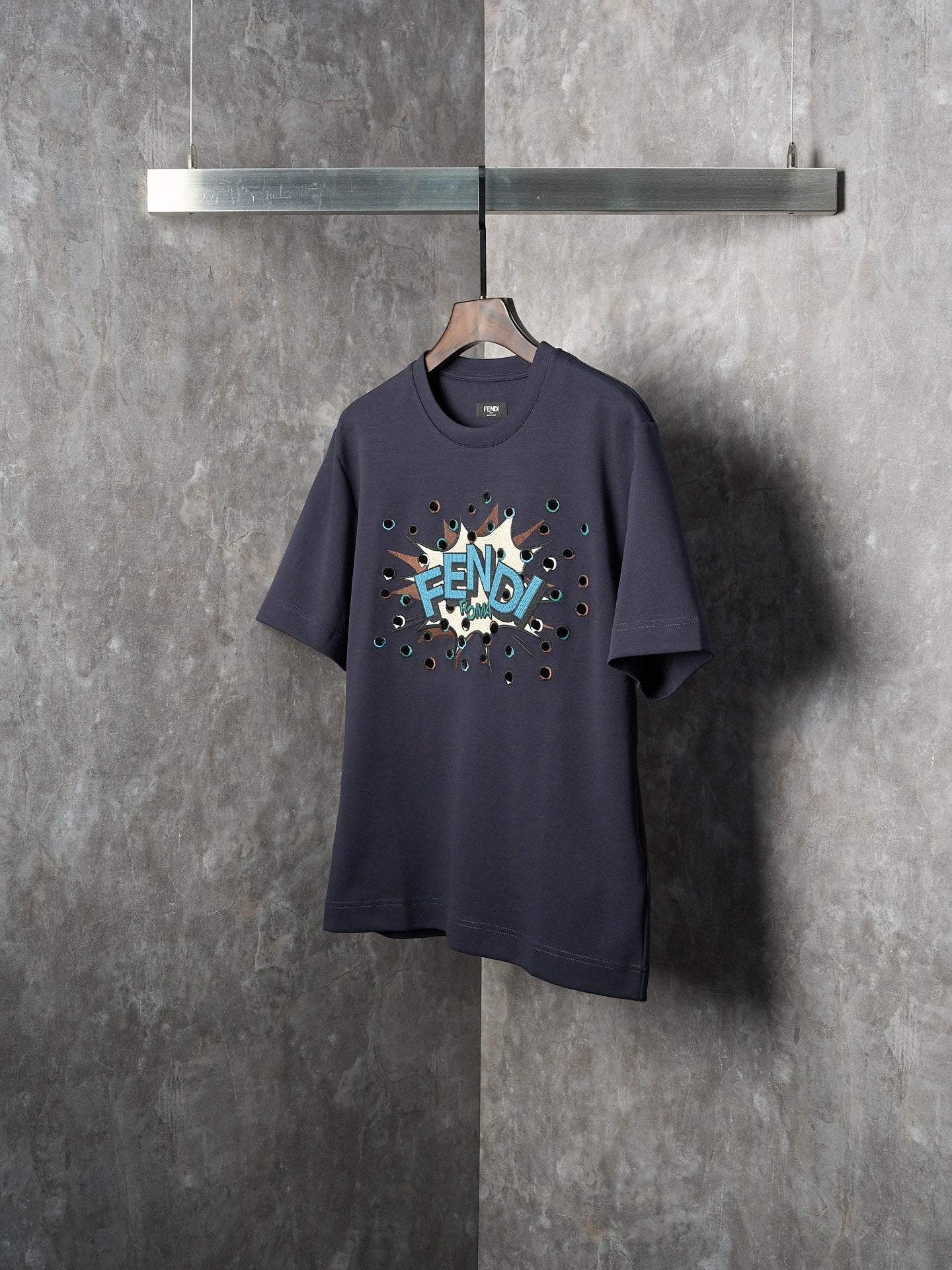 Fendi Dark Blue Explosion Pattern Cotton Crew Neck Short Sleeve T-Shirt