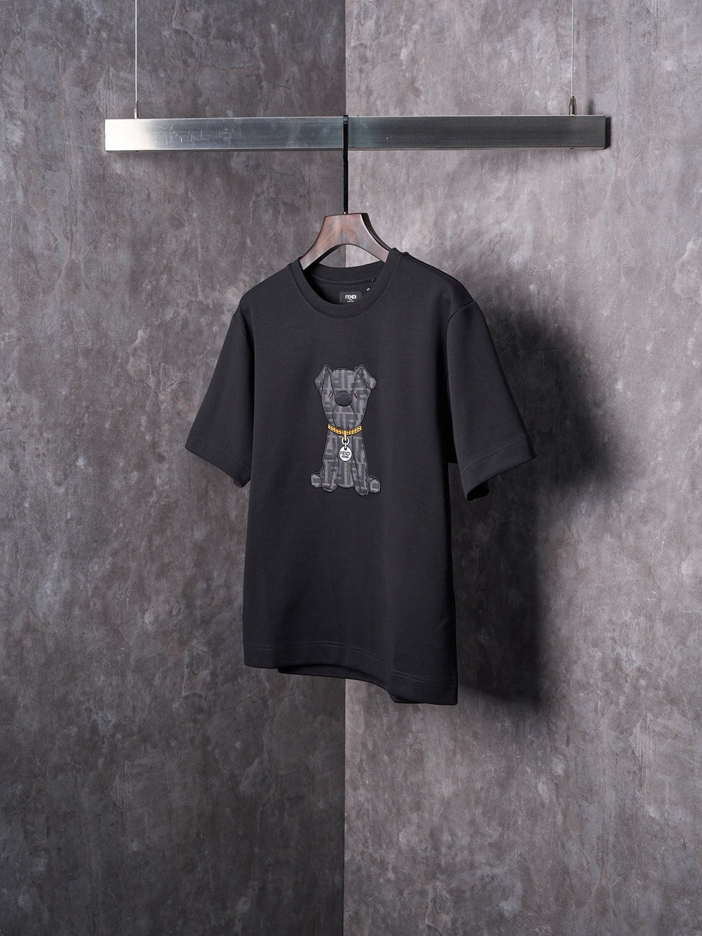 Fendi Jacquard Puppy Pattern Cotton Crew Neck Short Sleeve T-Shirt