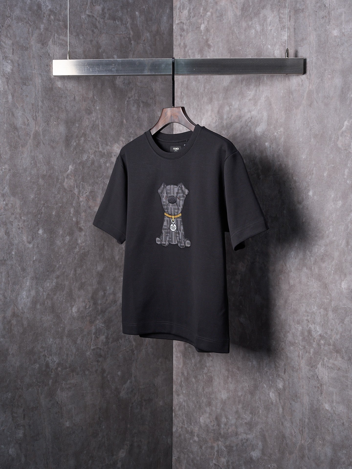Fendi Jacquard Puppy Pattern Cotton Crew Neck Short Sleeve T-Shirt