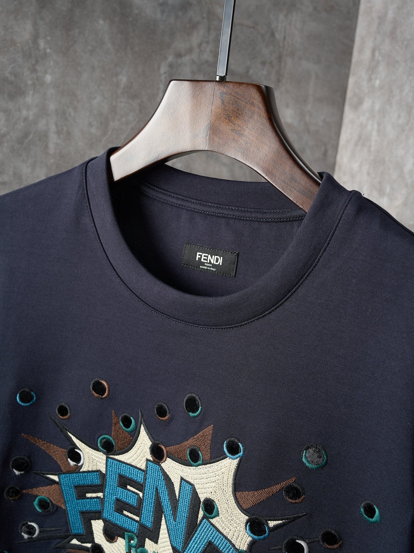 Fendi Dark Blue Explosion Pattern Cotton Crew Neck Short Sleeve T-Shirt