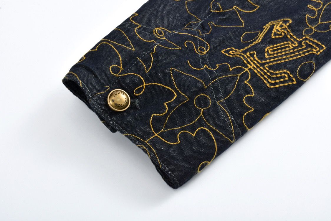 LOUIS VUITTON Black and Gold Embroidered Collar Denim Jacket