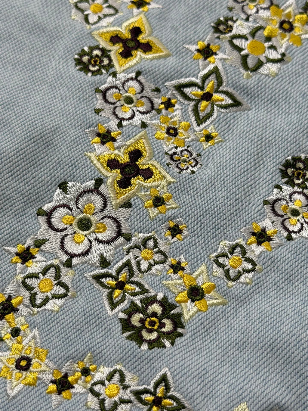 LV Light Wash Floral Embroidery Zipper Denim Jacket