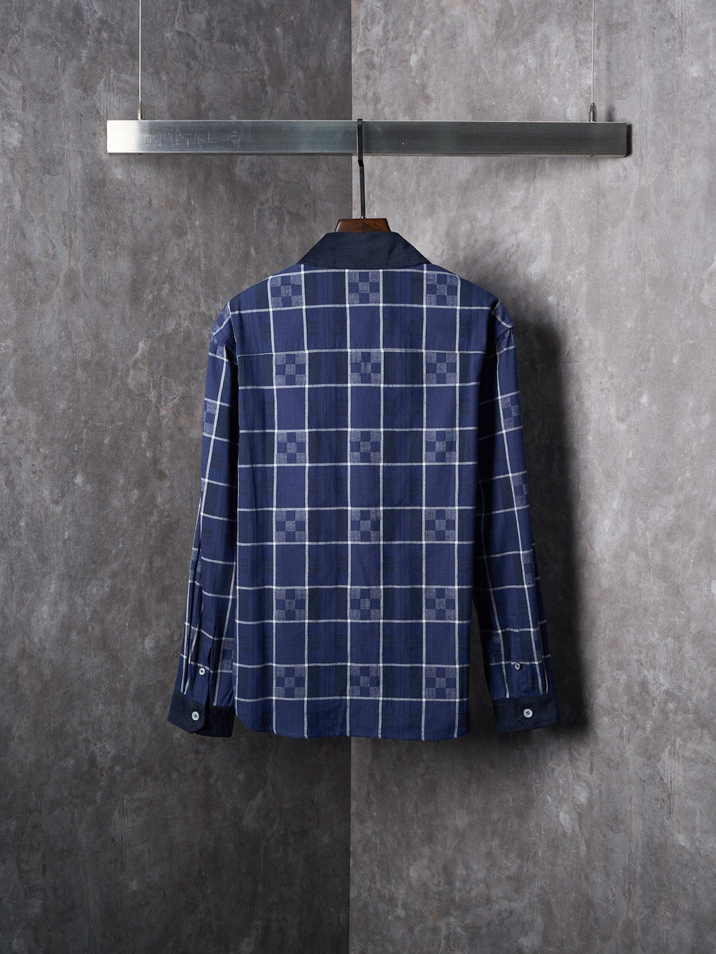 LV Flannel Collar Embroidered Logo Blue Check Lapel Long Sleeve Shirt