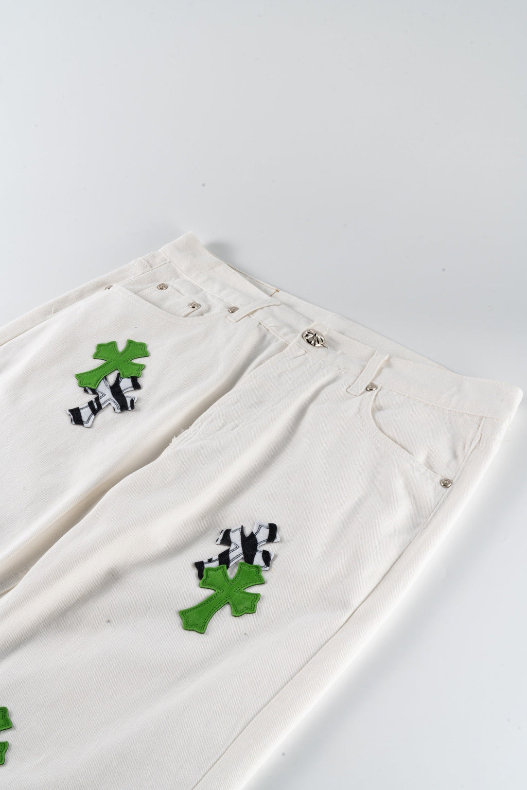 Chrome Hearts 24SS UK Limited Edition White and Apple Green Patchwork Zebra Jeans