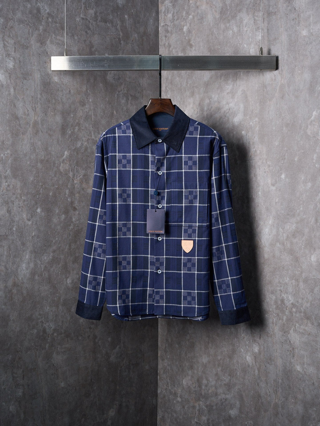 LV Flannel Collar Embroidered Logo Blue Check Lapel Long Sleeve Shirt